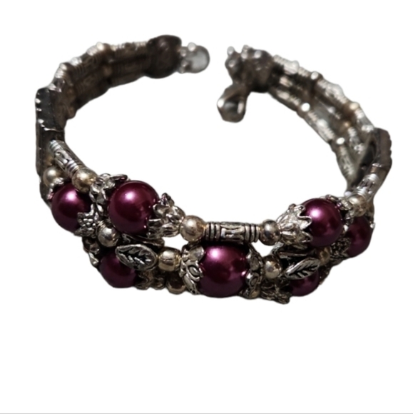 Faux purple pearl beaded Cuff bracelet lobster clasp - Picture 2 of 2